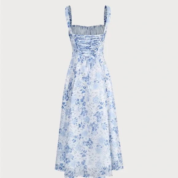 Rihoas Blue Square Neck Floral Ruched Midi Dress - Picture 7 of 11